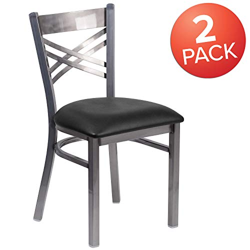 Flash Furniture 2 Pack HERCULES Series Clear Coated ''X'' Back Metal Restaurant Chair - Black Vinyl Seat