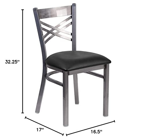 Flash Furniture 2 Pack HERCULES Series Clear Coated ''X'' Back Metal Restaurant Chair - Black Vinyl Seat