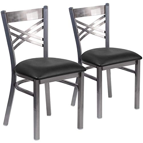 Flash Furniture 2 Pack HERCULES Series Clear Coated ''X'' Back Metal Restaurant Chair - Black Vinyl Seat