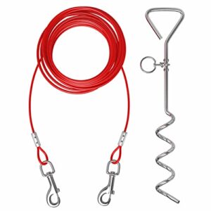 20ft dog tie out cable for dogs, 16" chrome plated anti rust stake, great for camping or the garden, suitable for harness, leash & chain attachments