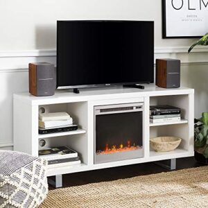 walker edison modern wood and metal fireplace tv stand for tv's up to 64" flat screen living room storage shelves entertainment center, 58 inch, white