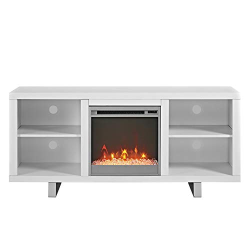 Walker Edison Modern Wood and Metal Fireplace TV Stand for TV's up to 64" Flat Screen Living Room Storage Shelves Entertainment Center, 58 Inch, White