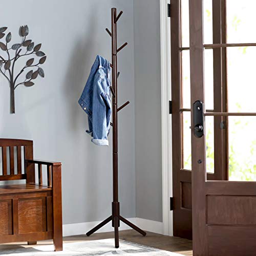 Vlush Sturdy Wooden Coat Rack Stand, Entryway Hall Tree Coat Tree with Solid Base for Hat,Clothes,Purse,Scarves,Handbags,Umbrella-(8 Hooks,Brown)