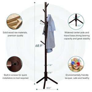 Vlush Sturdy Wooden Coat Rack Stand, Entryway Hall Tree Coat Tree with Solid Base for Hat,Clothes,Purse,Scarves,Handbags,Umbrella-(8 Hooks,Brown)
