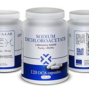 DCA - Sodium Dichloroacetate 500mg - Purity >99.9%, Made in Europe, by DCA-LAB, Certificate of Analysis Included, Tested in a Certified Laboratory, Buy Directly from Manufacturer, 120 Capsules