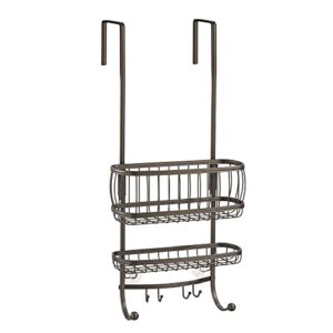 mDesign Metal Wire Over Door Bathroom Tub & Shower Bath Caddy, Hanging Storage Organizer Center - Holds Shampoo, Conditioner, Body Wash, Razor, Towel - 2 Baskets, 6 Hooks - Hyde Collection - Bronze