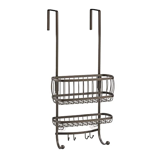 mDesign Metal Wire Over Door Bathroom Tub & Shower Bath Caddy, Hanging Storage Organizer Center - Holds Shampoo, Conditioner, Body Wash, Razor, Towel - 2 Baskets, 6 Hooks - Hyde Collection - Bronze