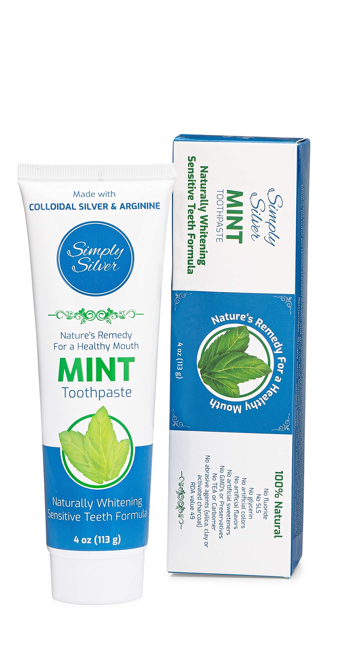 Simply Silver Toothpaste Mint - All Natural Colloidal Silver Toothpaste, Fluoride Free, Sensitive Teeth, Whitening, 4 oz