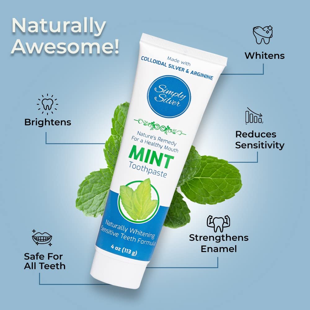 Simply Silver Toothpaste Mint - All Natural Colloidal Silver Toothpaste, Fluoride Free, Sensitive Teeth, Whitening, 4 oz