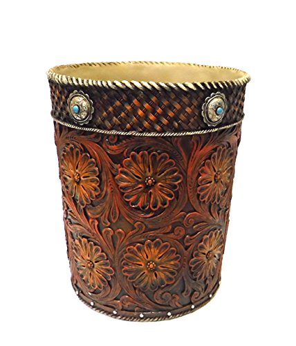 Marco Western Tooled Saddle Leather-Look Wastebasket w/Flowers & Conchos