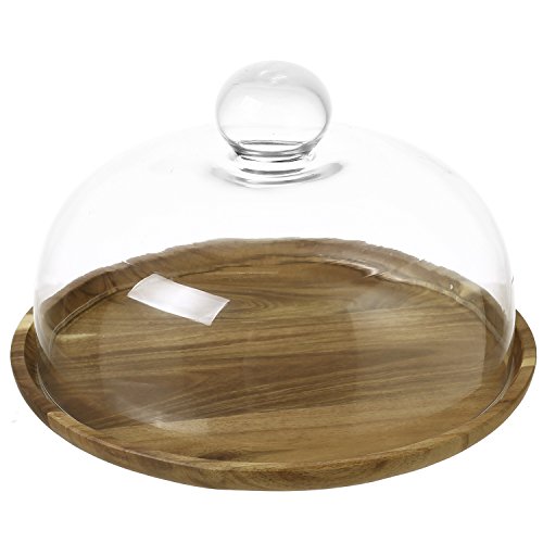 MyGift 8 Inch Clear Glass Dessert Cake Plate & Cheese Cloche Dome with Acacia Wood Serving Tray