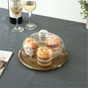 MyGift 8 Inch Clear Glass Dessert Cake Plate & Cheese Cloche Dome with Acacia Wood Serving Tray