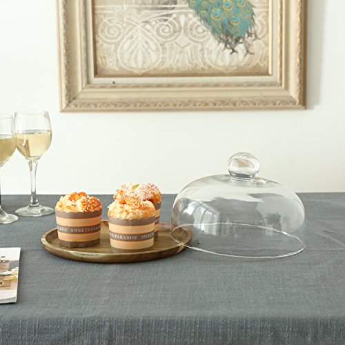 MyGift 8 Inch Clear Glass Dessert Cake Plate & Cheese Cloche Dome with Acacia Wood Serving Tray