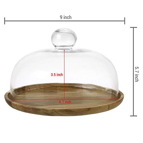 MyGift 8 Inch Clear Glass Dessert Cake Plate & Cheese Cloche Dome with Acacia Wood Serving Tray