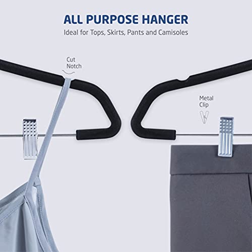 Zober Velvet Hangers with Clips - Pack of 20 Metal Clip Hangers for Pants - Notched Black Velvet Skirt Hangers for Pants, Skirts, Suits, Dresses & Shirts w/ 360 Degree Hook - Non Slip Felt Hangers