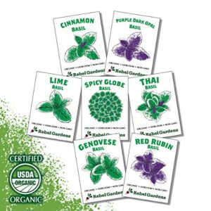 organic basil seeds - set of 7 heirloom non-gmo seed varieties - thai, genovese, cinnamon, spicy globe, purple opal, red rubin, and lime