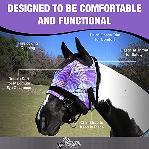 Kensington Fly Mask with Fleece Trim for Horses — Protects Face and Eyes from Flies and Sun Rays While Allowing Full Visibility — Breathable and Non Heat Transferring, Large, Lavender Mint