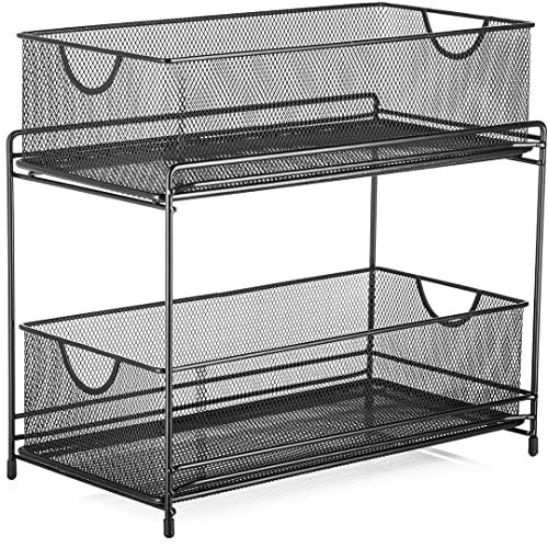 Halter 2-Tier Mesh Sliding Drawer Baskets, Bathroom, Pantry, Storage, Clothing, Cabinet Organizers, 14 by 12.75 by 6.75 Inches, Black