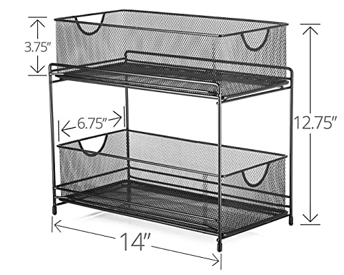 Halter 2-Tier Mesh Sliding Drawer Baskets, Bathroom, Pantry, Storage, Clothing, Cabinet Organizers, 14 by 12.75 by 6.75 Inches, Black