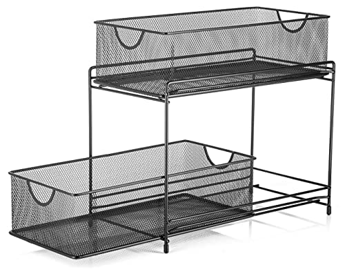 Halter 2-Tier Mesh Sliding Drawer Baskets, Bathroom, Pantry, Storage, Clothing, Cabinet Organizers, 14 by 12.75 by 6.75 Inches, Black