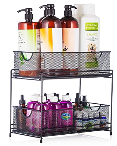 Halter 2-Tier Mesh Sliding Drawer Baskets, Bathroom, Pantry, Storage, Clothing, Cabinet Organizers, 14 by 12.75 by 6.75 Inches, Black