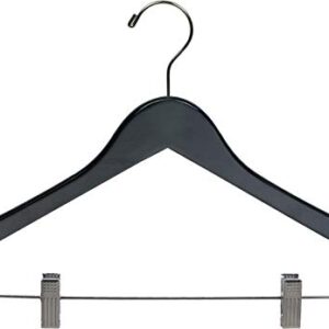 Black Wood Combo Hanger w/ Adjustable Cushion Clips, Box of 50 Space Saving 17 Inch Flat Wooden Hangers w/ Chrome Swivel Hook & Notches for Shirt Jacket or Dress by The Great American Hanger Company