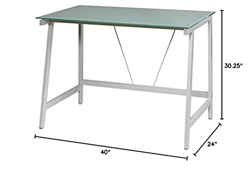 OneSpace Contemporary Glass Writing Desk, Steel Frame, White and Cool Blue