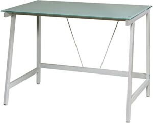 onespace contemporary glass writing desk, steel frame, white and cool blue