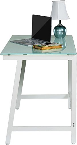 OneSpace Contemporary Glass Writing Desk, Steel Frame, White and Cool Blue