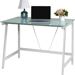 OneSpace Contemporary Glass Writing Desk, Steel Frame, White and Cool Blue