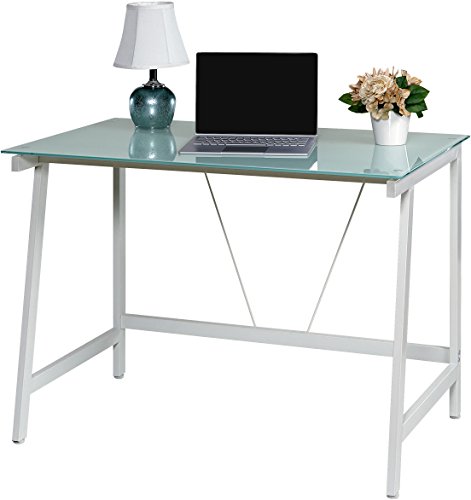 OneSpace Contemporary Glass Writing Desk, Steel Frame, White and Cool Blue