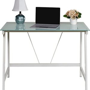 OneSpace Contemporary Glass Writing Desk, Steel Frame, White and Cool Blue