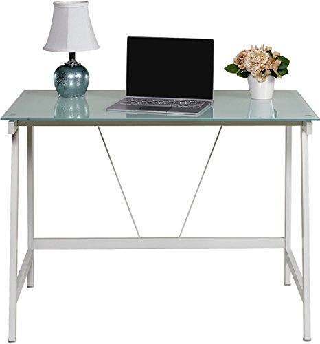 OneSpace Contemporary Glass Writing Desk, Steel Frame, White and Cool Blue