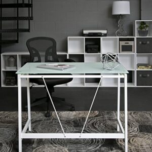 OneSpace Contemporary Glass Writing Desk, Steel Frame, White and Cool Blue