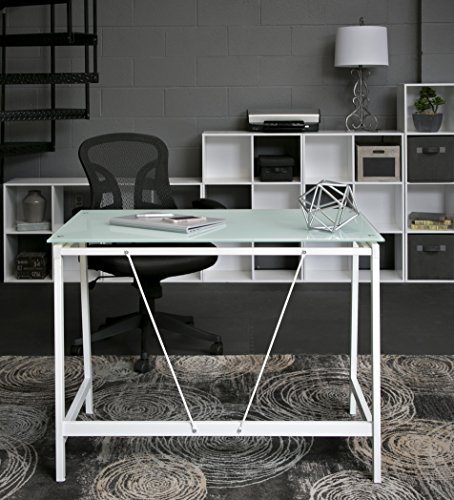 OneSpace Contemporary Glass Writing Desk, Steel Frame, White and Cool Blue