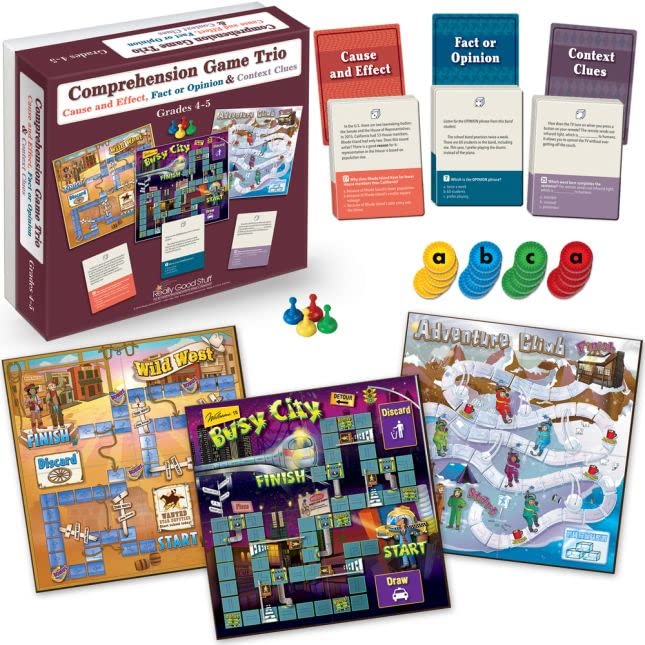 Really Good Stuff Comprehension Board Game Trio (3 Games): Cause and Effect, Fact or Opinion & Context Clues – Grades 4–5