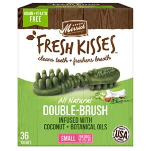 merrick fresh kisses dog dental treats, coconut plus botanical oils recipe, dog treats for small breeds 15-25 lbs - 23 oz box with 36 brushes