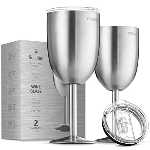 FineDine Stainless Steel Drinking Cup, Wineglasses, Double-Walled Insulated Unbreakable Goblets, BPA-Free Leak-Resistant Lid for Red White Wine, Brushed Metal, 12 Ounces