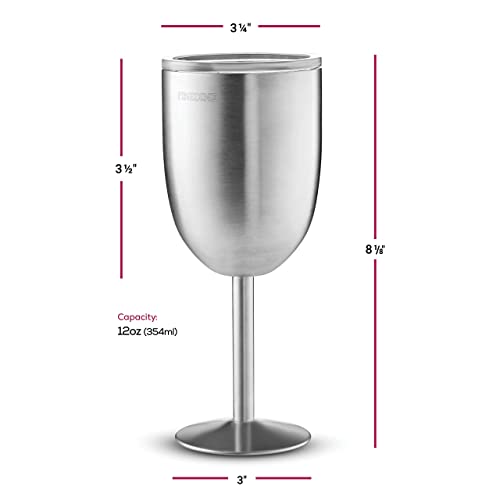 FineDine Stainless Steel Drinking Cup, Wineglasses, Double-Walled Insulated Unbreakable Goblets, BPA-Free Leak-Resistant Lid for Red White Wine, Brushed Metal, 12 Ounces