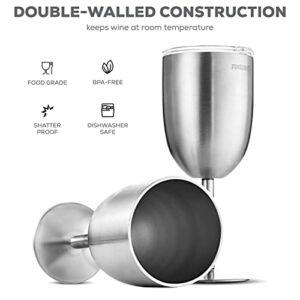 FineDine Stainless Steel Drinking Cup, Wineglasses, Double-Walled Insulated Unbreakable Goblets, BPA-Free Leak-Resistant Lid for Red White Wine, Brushed Metal, 12 Ounces