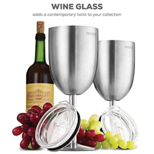 FineDine Stainless Steel Drinking Cup, Wineglasses, Double-Walled Insulated Unbreakable Goblets, BPA-Free Leak-Resistant Lid for Red White Wine, Brushed Metal, 12 Ounces