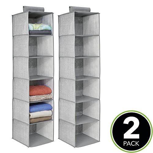 mDesign Long Soft Fabric Over Closet Rod Hanging Storage Organizer with 6 Shelves for Clothes, Leggings, Lingerie, T Shirts - Textured Print with Solid Trim - 2 Pack - Gray