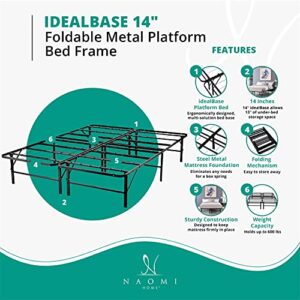 IdealBase 14" Metal Bed Frame Queen Size Heavy Duty Foldable Bed Frame Folding Bed Frame with Steel Metal Slats Mattress Foundation Box Spring Replacement 600lbs Capacity Queen Bed Frame Size, White