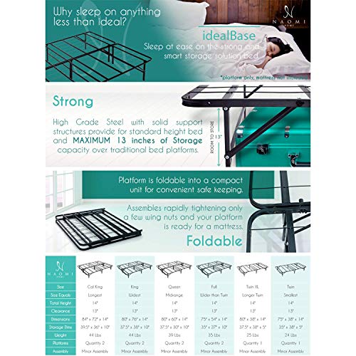 IdealBase 14" Metal Bed Frame Queen Size Heavy Duty Foldable Bed Frame Folding Bed Frame with Steel Metal Slats Mattress Foundation Box Spring Replacement 600lbs Capacity Queen Bed Frame Size, White