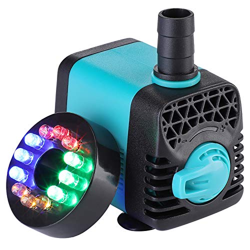 KEDSUM 130GPH Submersible Pump (600L/H,10W), Ultra Quiet Water Pump with 12 LED Colorful Lights, Fountain Pump with 3ft High Lift, 2 Nozzles for Fish Tank, Pond, Aquarium, Statuary, Hydroponics