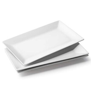 dowan 14" serving platter set of 3 - white rectangle plates and serving trays for entertaining - large serving dishes for party, wedding, birthday, appetizers, pasta, turkey - dishwasher & oven safe
