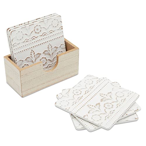 Set of 6 White Wooden Coasters with Holder for Drinks, Coffee Table, and Floral Farmhouse Decor (3.8 Inches)