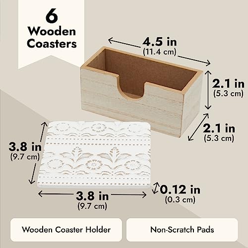 Set of 6 White Wooden Coasters with Holder for Drinks, Coffee Table, and Floral Farmhouse Decor (3.8 Inches)