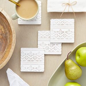 Set of 6 White Wooden Coasters with Holder for Drinks, Coffee Table, and Floral Farmhouse Decor (3.8 Inches)