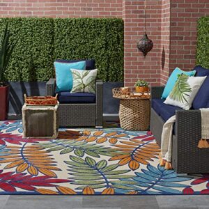 nourison aloha indoor/outdoor multicolor 7'10" x 10'6" area rug, tropical, botanical, easy-cleaning, non-shedding, bed room, kitchen, living room, deck, backyard, (8' x 11')